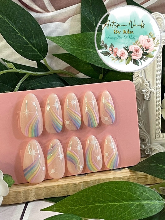 SHOOTING STAR - Set of 10 Pastel Rainbow Nails with Stars