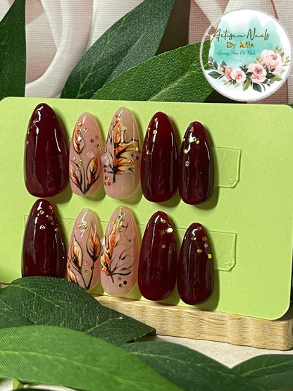 AUTUMN FIRE - Set of 10 autumn leaf and deep red Nails with 3D dew drops.