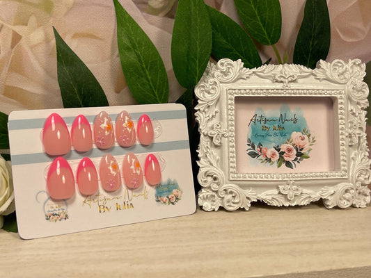 HIBISCO - Juego de 10 uñas francesas en rosa intenso con flores