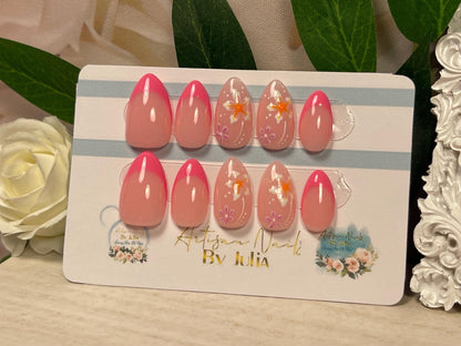HIBISCO - Juego de 10 uñas francesas en rosa intenso con flores