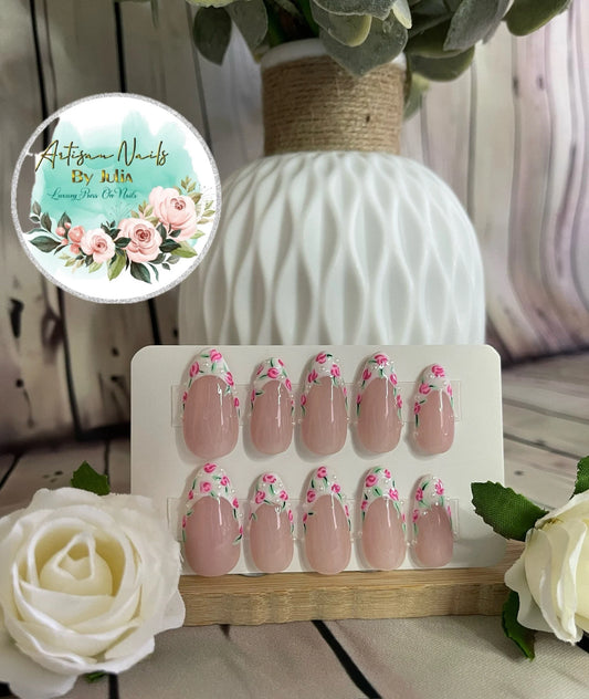 ROSEBUD - Juego de 10 uñas francesas con rosas y perlas rosas