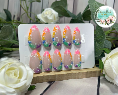 DAZZLE - Gel Press on Nails - Lot de 10 ongles arc-en-ciel avec étoiles - Fabriqué sur commande