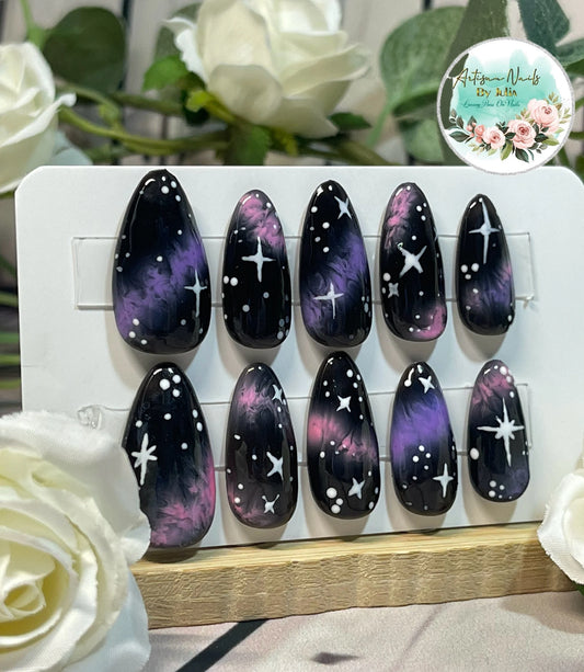 GALAXY - Gel Press on Nails - Lot de 10 ongles inspirés de l'espace - Fabriqués sur commande