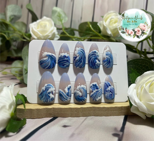 POLZEATH - Gel Press on Nails - Lot de 10 ongles Ocean Waves - Fabriqué sur commande