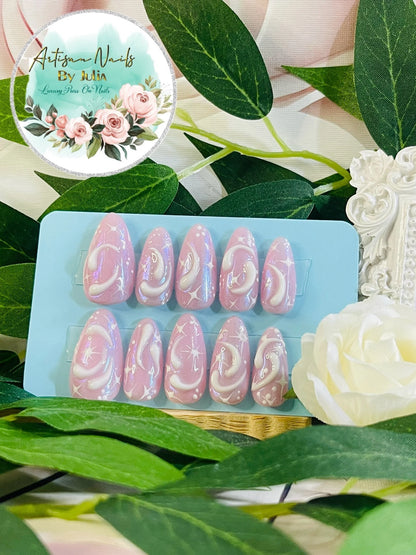 DAYDREAMER - Gel Press on Nails - Lot de 10 ongles 3D tourbillons et étoiles - Fabriqué sur commande