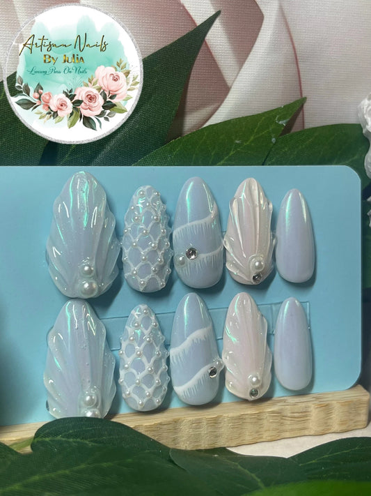 SIRÈNE - Ongles en gel à presser - Ensemble d'ongles 3D inspirés du bord de mer - Fabriqués sur commande
