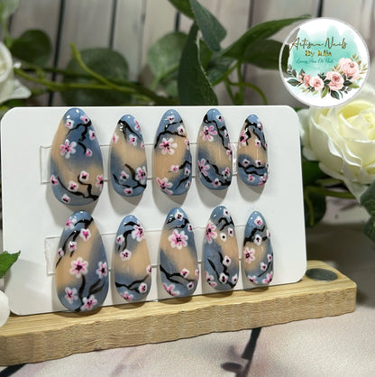 CHERRY BLOSSOM - Gel Press on Nails - Lot de 10 ongles Cherry Blossom - Fabriqué sur commande