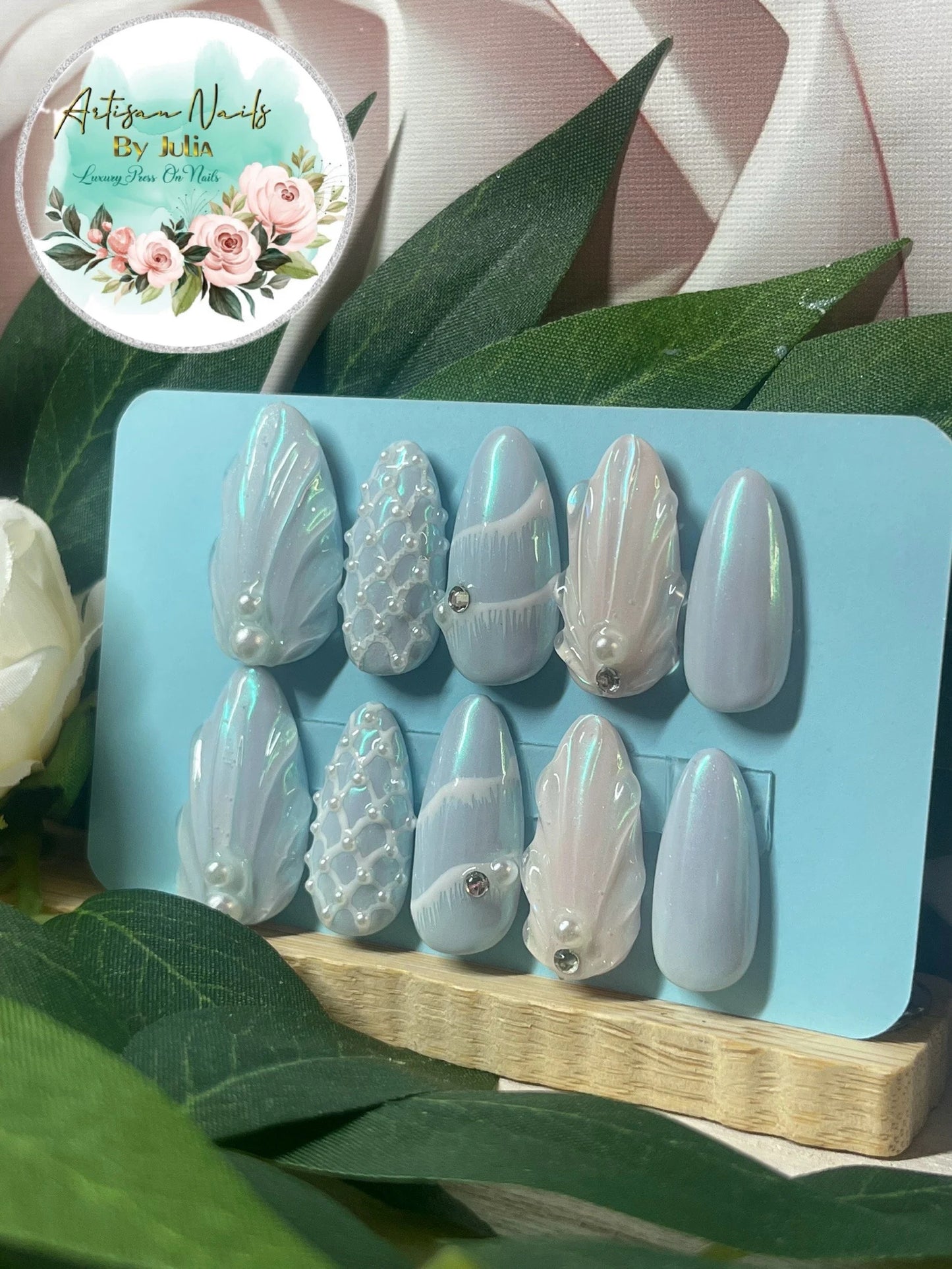 SIRÈNE - Ongles en gel à presser - Ensemble d'ongles 3D inspirés du bord de mer - Fabriqués sur commande