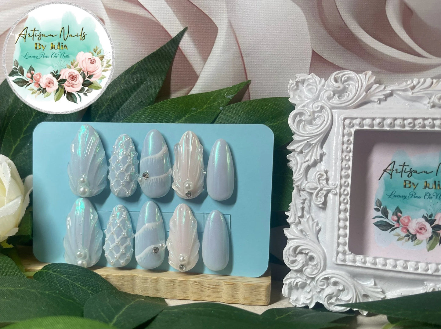 SIRÈNE - Ongles en gel à presser - Ensemble d'ongles 3D inspirés du bord de mer - Fabriqués sur commande