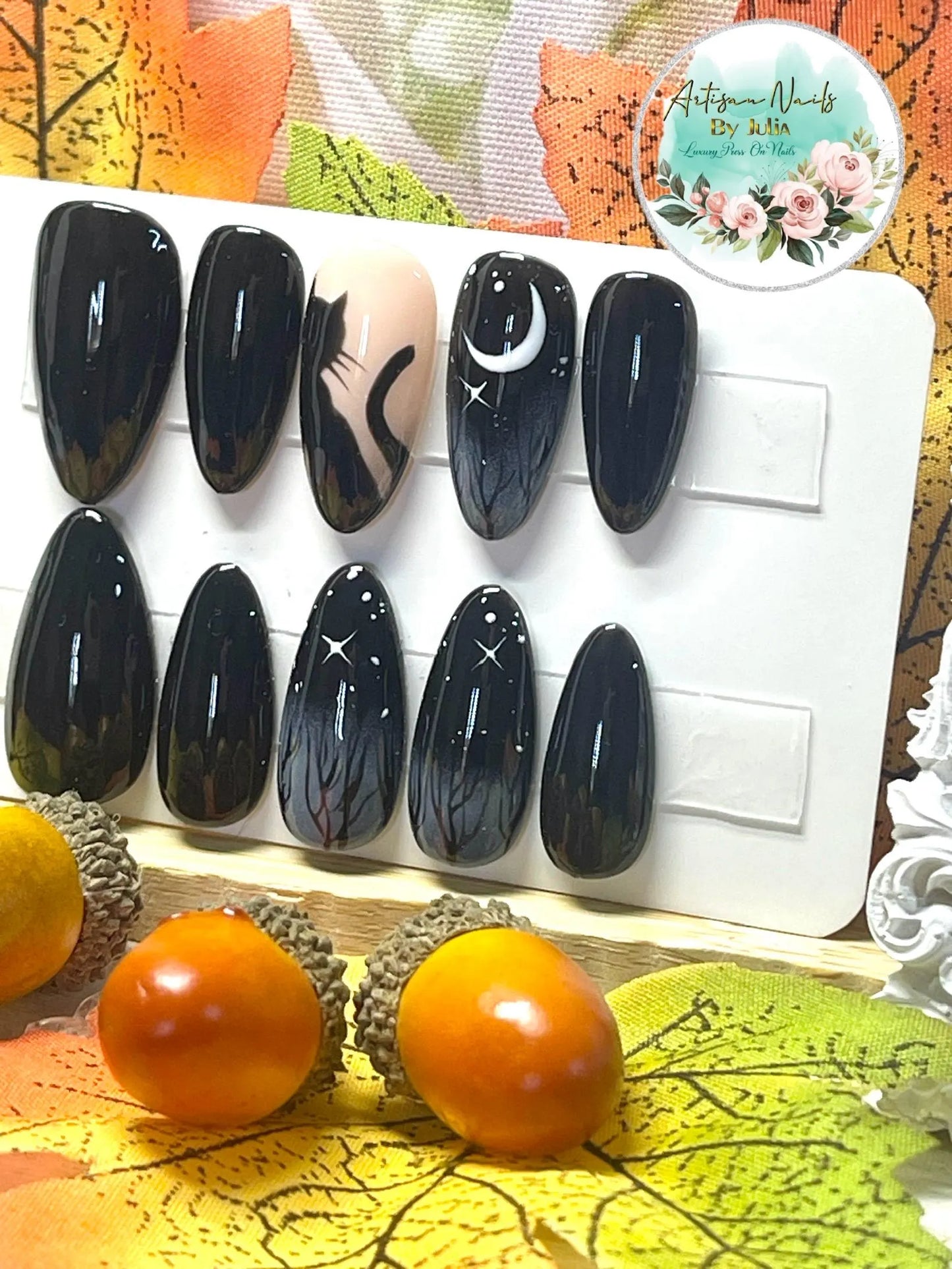 BLACK CAT - Gel Press on Nails - Lot de 10 ongles noirs avec des ongles chat effrayants - Fabriqués sur commande