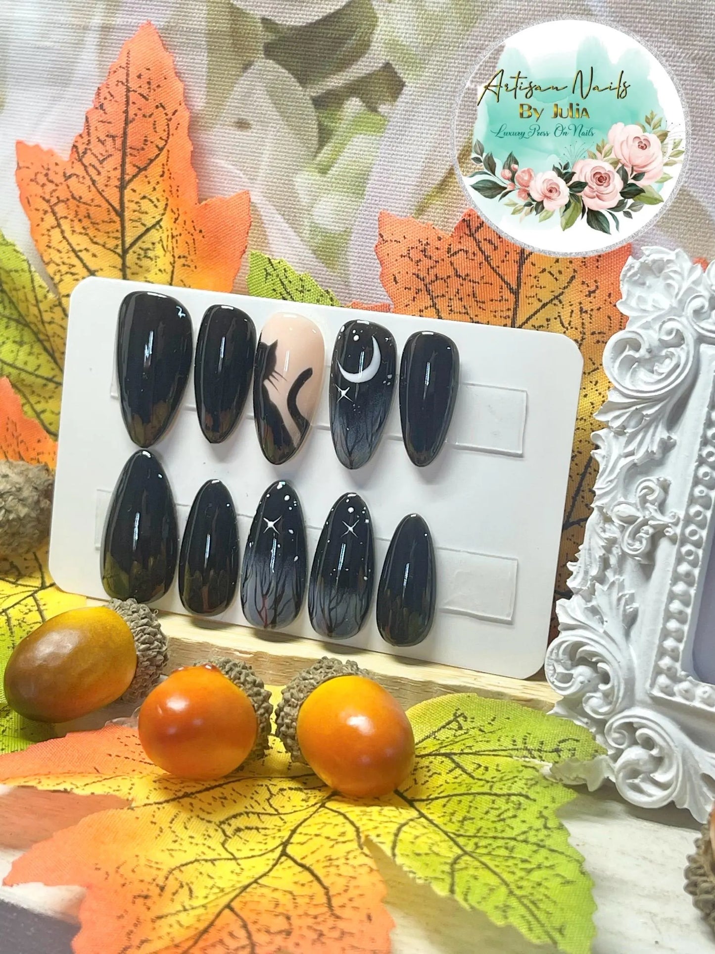 BLACK CAT - Gel Press on Nails - Lot de 10 ongles noirs avec des ongles chat effrayants - Fabriqués sur commande