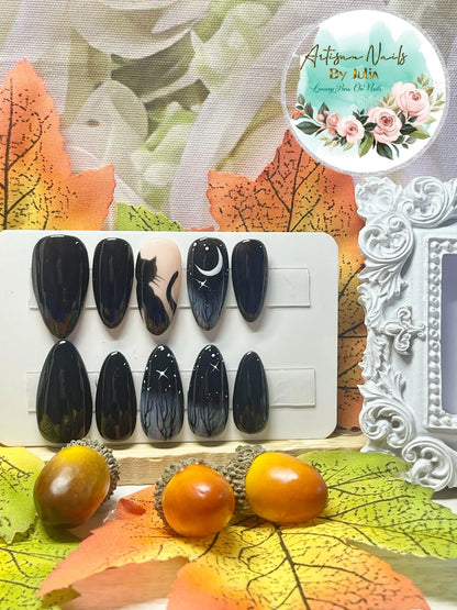 BLACK CAT - Gel Press on Nails - Lot de 10 ongles noirs avec des ongles chat effrayants - Fabriqués sur commande