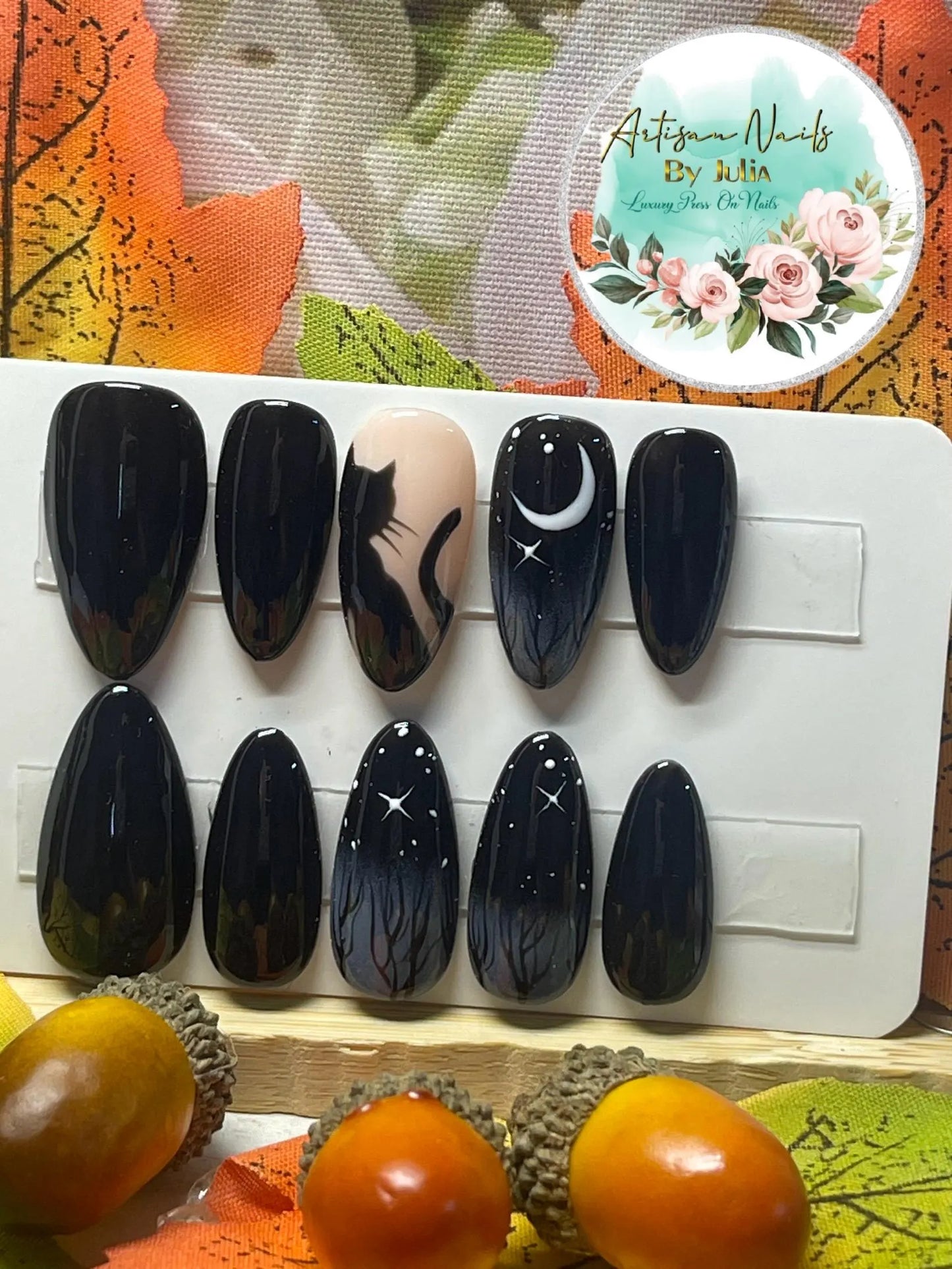 BLACK CAT - Gel Press on Nails - Lot de 10 ongles noirs avec des ongles chat effrayants - Fabriqués sur commande