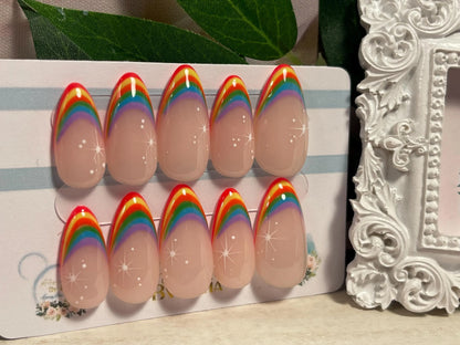 RAINBOW BRIGHT - Set of 10 Rainbow French Tip Nails with Stars