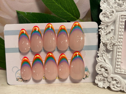 RAINBOW BRIGHT - Set of 10 Rainbow French Tip Nails with Stars