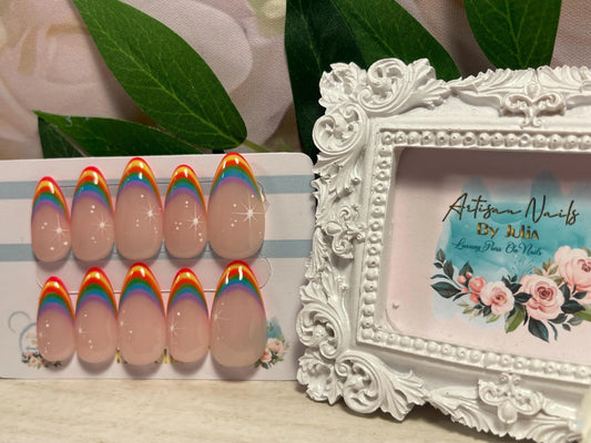 RAINBOW BRIGHT - Set of 10 Rainbow French Tip Nails with Stars