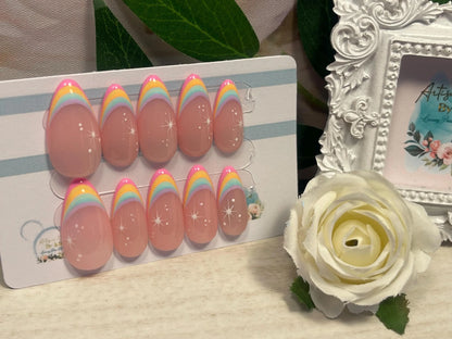 RAINBOW LIGHT - Set of 10 Pastel Rainbow French Tip Nails with Stars