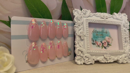 SUNSET SHARDS -  Set of 10 Gel Pink Nails With Opal fragment tips