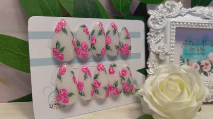 ROSEBUD BLUE - Juego de 10 uñas francesas con rosas azules y perlas