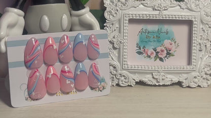 FANTASIA - Set of 10 Pink & Blue Swirl and Tip Mickey Nails