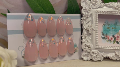 ICE SHARDS -  Set of 10 Gel Pink Nails With Opal fragment tips
