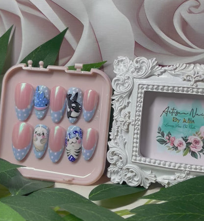 OCEAN BABIES - Ongles en gel à presser - Lot de 10 faux ongles French Tip tachetés émaillés - Fabriqués sur commande